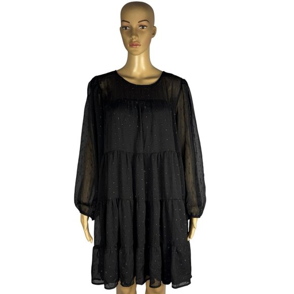 Always Indigo Tiered Mini Dress Women’s Plus Size 1X Black Mesh Printed - Picture 3 of 14